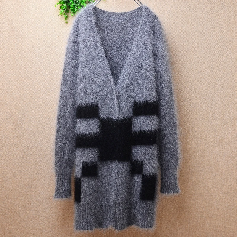 

Female Women Fall Winter Clothing Colored Grey Hairy Mink Cashmere Knitted V-Neck Long Sweater Slim Cardigans Angora Fur Jacket