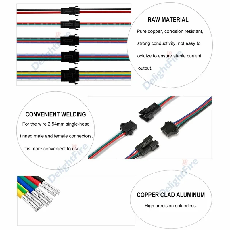 10pairs 2pin SM JST LED Connector Cable 22/20AWG 3/4/5/6 Pin For RGB WS2812B Pixel Light Module Solar Pannel