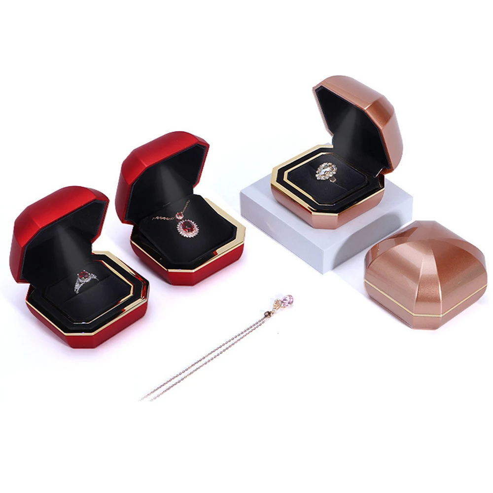 

New Light Luxury Plastic Octagonal Creative Exquisite Jewelry Ring Pendant Box With Built-In Led Lights And Double-Sided Flannel
