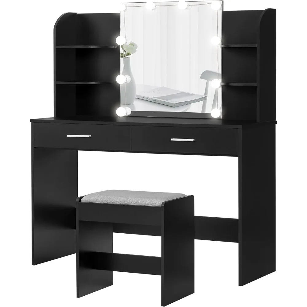 

usikey Vanity Desk, Makeup Vanity Table with 10 LED Light Bulbs, Table, Vanity Desk Set with 2 Drawers