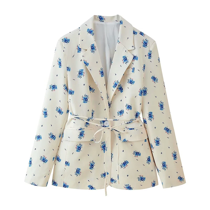 Women's Floral Printed Office Wear Blazer Coat Long Sleeve Flap Pockets Lace-up Blazers Jackets Female Outerwear Chic Tops