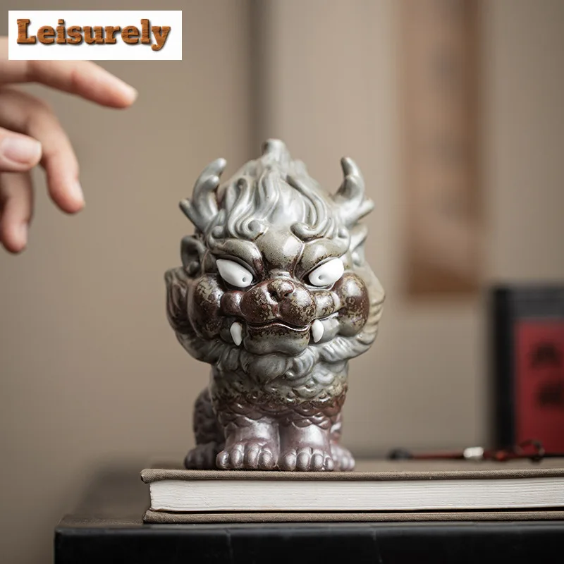 Old Rock Mud Fortune Kirin Tea Pet Retro Tea Spirit Tea Figurine Play Toys Tea Statue Ornaments Can Be Raised Craftsmanship Gift