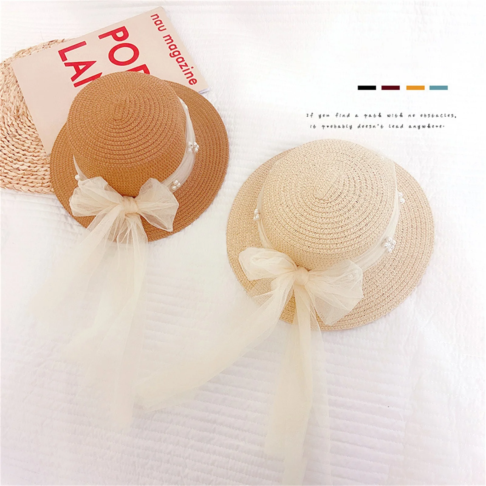 

Children Straw Hat Pearl Decor Bowknot Sun Protection Fisherman Cap Kids Girls Sunshade Sunscreen Basin Hats