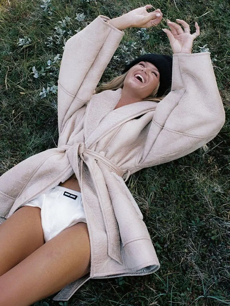 

Elegant Solid Long Sleeved Lapel Tied Cotton Jacket Women's Fashion Casual Waist Wrap Coat 2023 Autumn/Winter Warm Street Wear