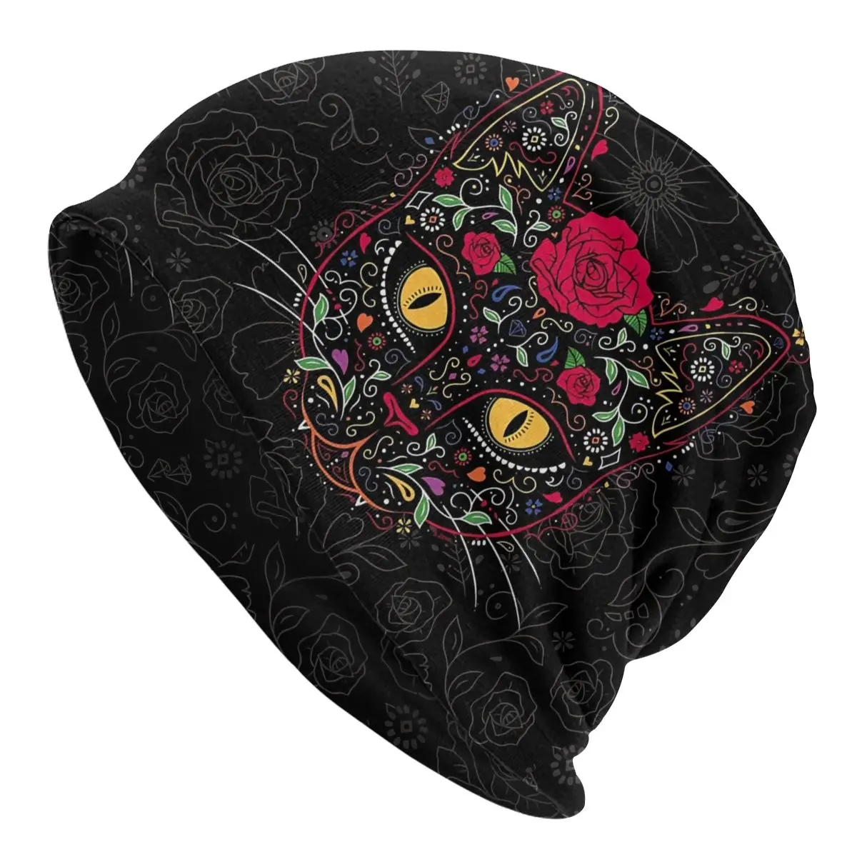 

Day Of The Dead Kitty Cat Sugar Skull Unisex Bonnet Thin Hip Hop Hats Double Layer Hat Breathable Caps