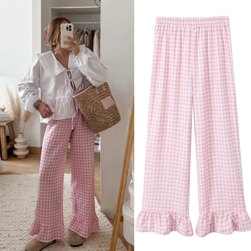 

New Chic Plaid Ruffles Edge Flare Pants Women Pleated Wide Leg Pants French Vintage Sweet Checker Elastic High Waist Casual Pant