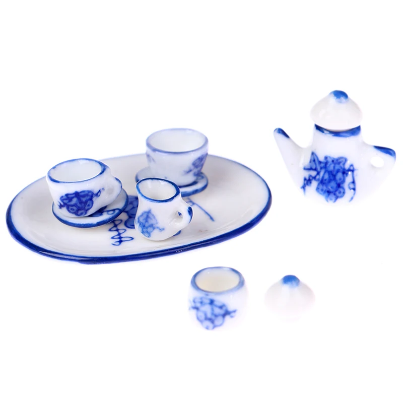 

6Pcs/Set Dollhouse Miniature Dining Ware Porcelain Tea Set Dish Cup Plate Blue Print Mini Play House Toys Accessories