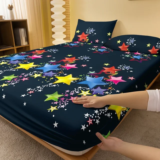1 piece of matte bedsheet with scattered patterns of colorful stars, bedroom printed bedspread, bedding (excluding pillowcases) 2