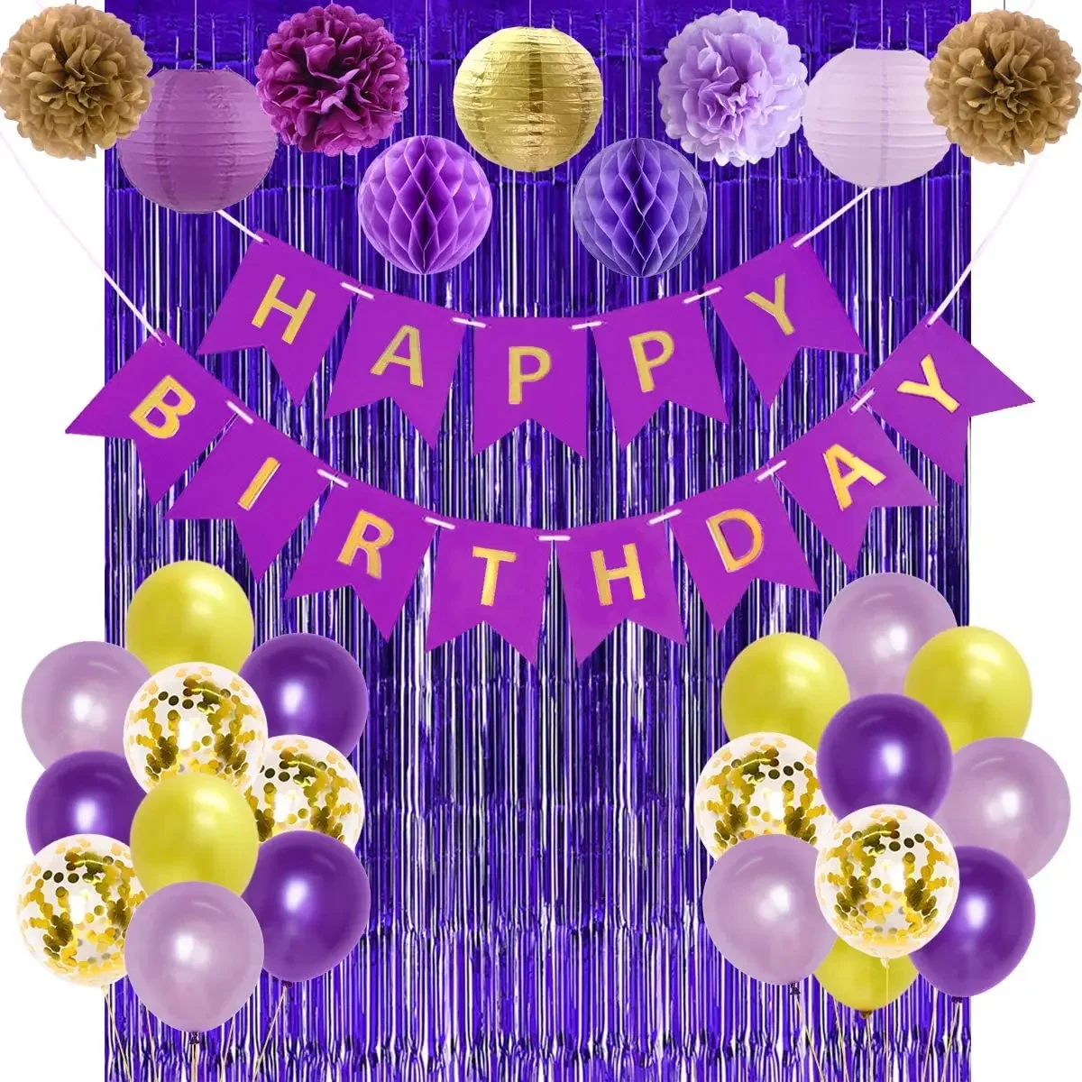 

CHEEREVEAL Purple Gold Birthday Party Decorations Supplies Balloons Happy Birthday Banner Paper Pom Poms Lanterns Curtain Set