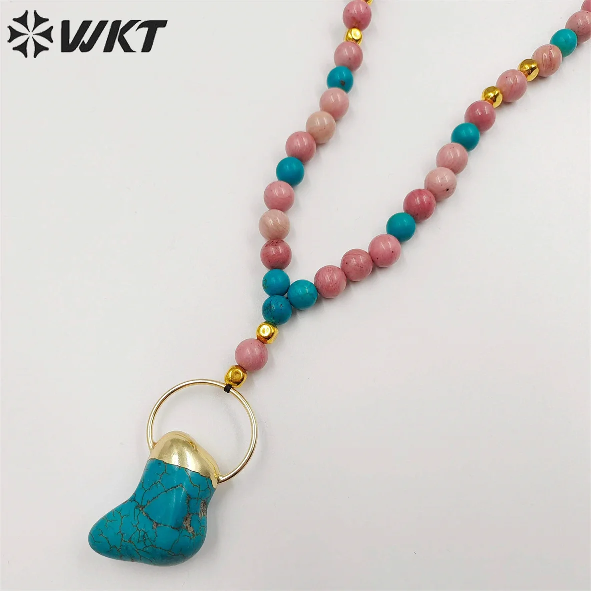 

WT-N1410 WKT 2023 Fashion New Design pink opal&turquoise necklace pendant hot sale 30inch gemstone pendant birthday PARTY gift