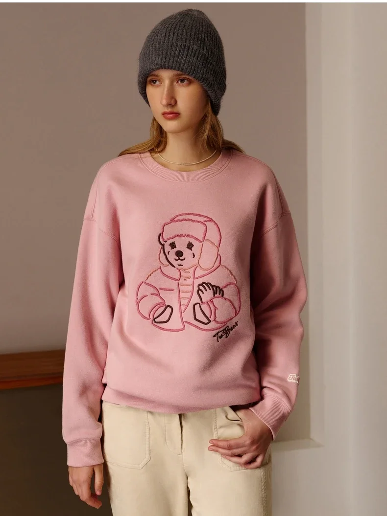 

Winter Pink Color Bear Embroidery Hoodies For Women Warm Thick Oversize Sweatshirt Cotton Preppy Tops Tees Shirt