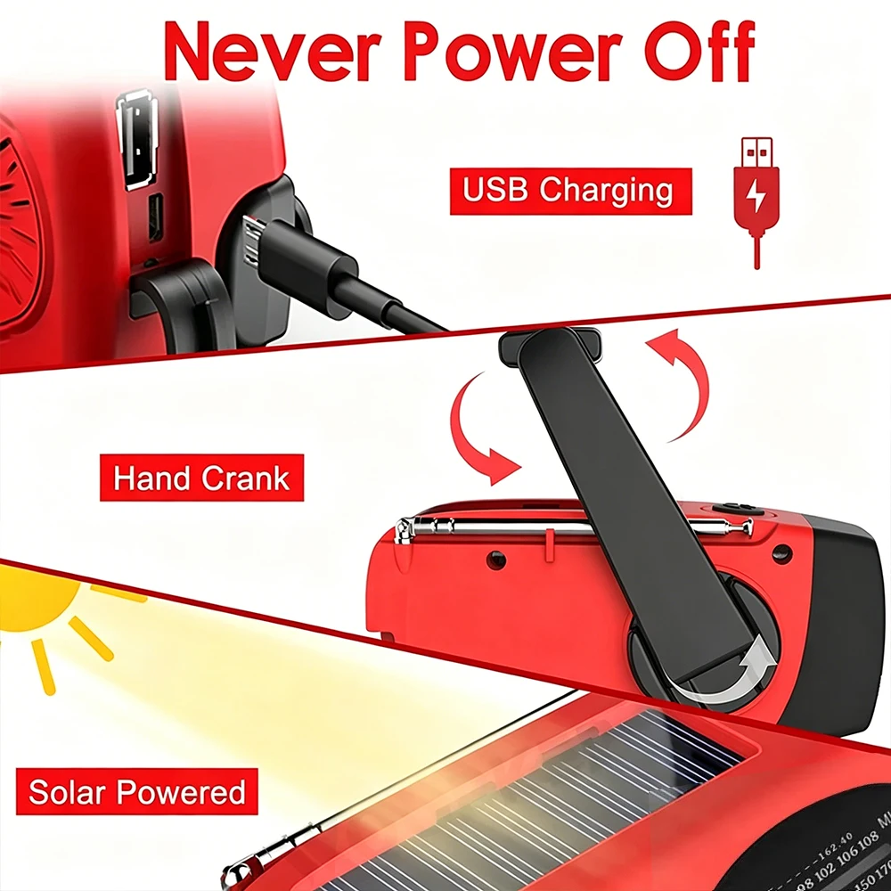 E01 비상용 수동 크랭크 태양열 라디오 2000mAh 보조 배터리 FM AM NOAA WB 기상 라디오 LED 손전등 휴대용 야외 충전기