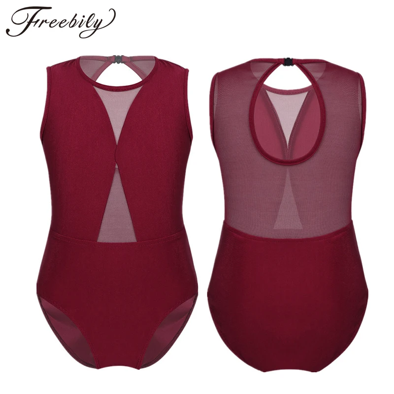 

Kids Girls Ballet Bodysuit Sleeveless Mesh Keyhole See-through Gymnastics Dance Leotard Jumpsuit Dancewear Party Stage Costume