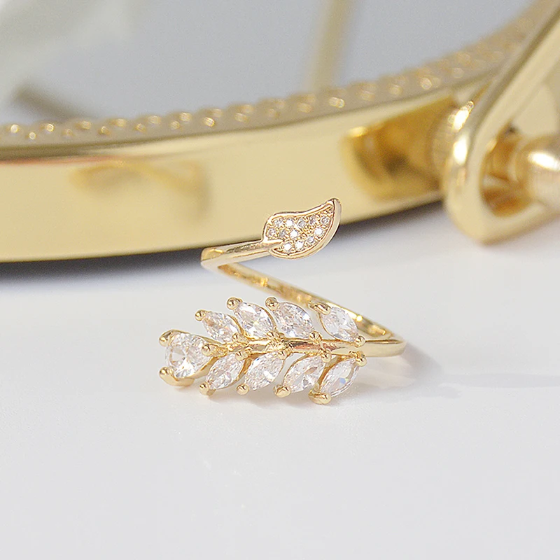 14K Real Gold Full CZ Leave Ring for Women Adjustable Open design AAA Zircon Delicate Daily Jewelry Pendant 4