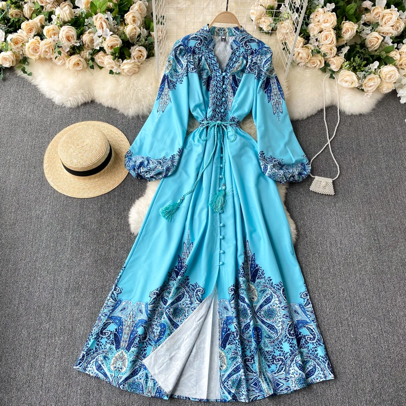 

Heavy Industry French Retro Court Dress V-neck Coil Buckle Bubble Sleeve Lace Up Waist Slim Holiday Fairy Dress