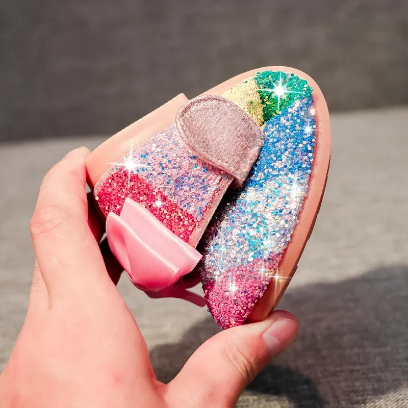 Girls leather shoes mary jane shoes spring soft sole rainbow sequins dress princess kids shoes