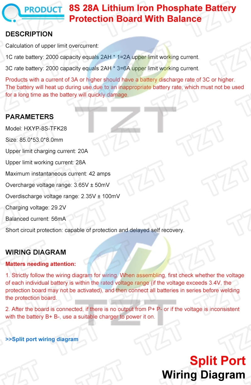 Tzt bms 8s 28v 28a lifepo4 Batterie lade karte Kurzschluss schutz pcm Selbst wiederherstellung mit Ausgleichs temperatur schutz – Detail 1