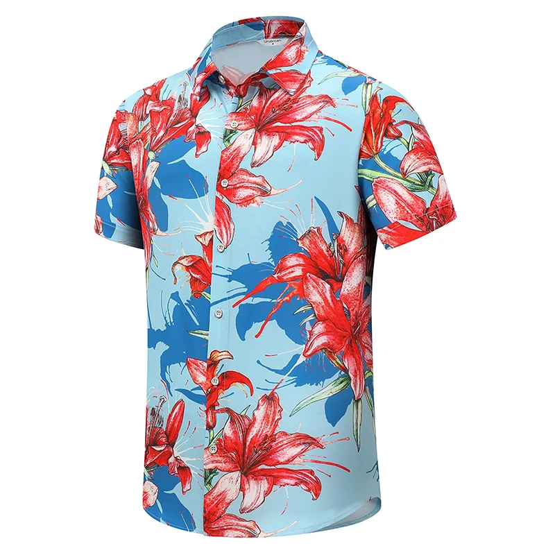 thumbnail image 1 of Camisa hawaiana con estampado floral 3D completo para hombre, camisas casuales de manga corta con botones tropicales, camisetas de playa para hombre, camiseta de talla grande, 1 of 4