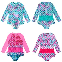 Kids Clothes Girl Swimsuits Fish Scale Print Ruffle Long Sleeves Zipper Bodysuit Beachwear Bathing Suits Baby Swimming Clothing 2
