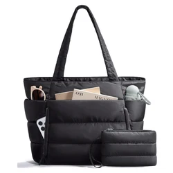 Chic Lightweight Puffy Tote Bag with Multiple Compartments for Women - Perfect for Travel, Work, and Gym (Black)