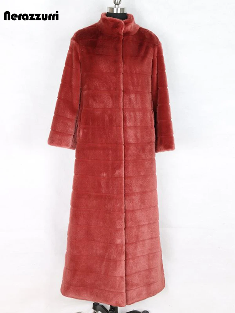 

nerazzurri Winter Striped Thick Warm Purple Extra Long Faux Fur Coat Women Maxi Masala Fake Mink Overcoat 2021 Runway Fashion