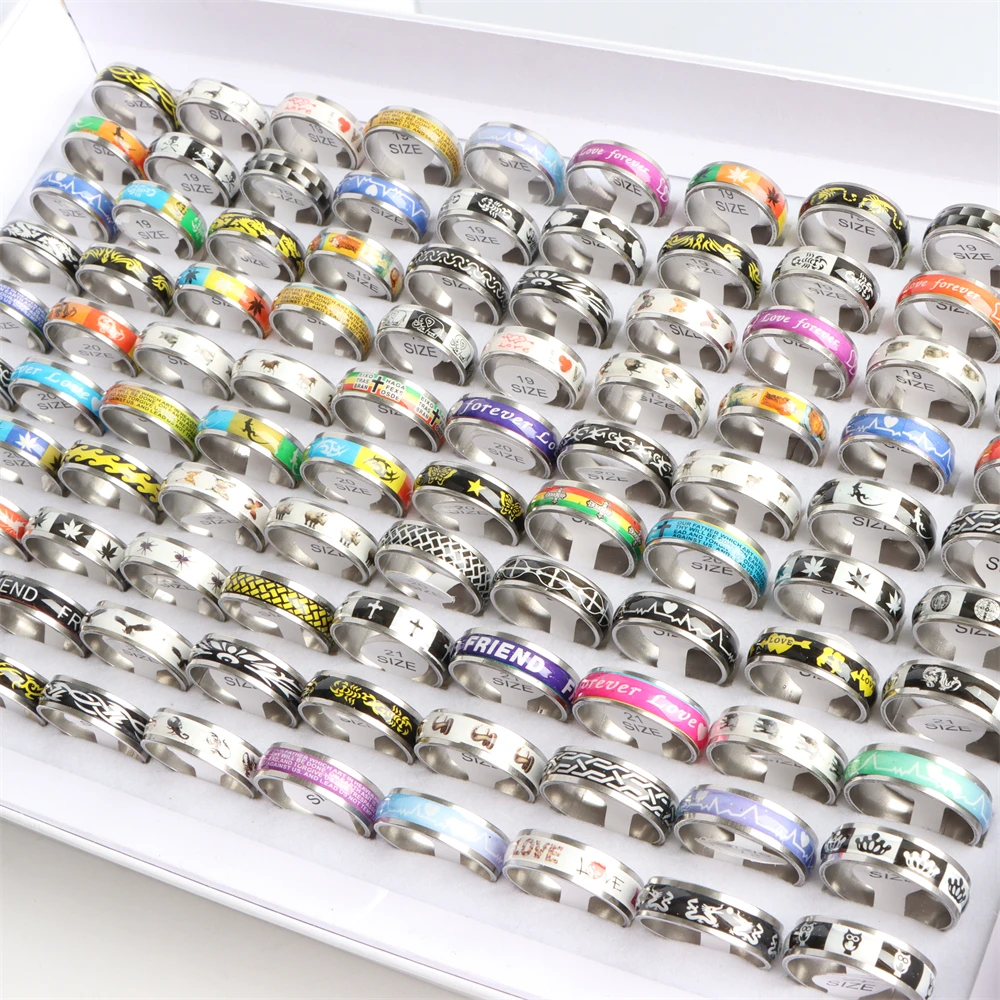 20Pcs/Lot Fashion Classic Hollow Stripe Stainless Steel Rings Men Women Luminous Rhinestone Mix Style Jewelry Party Wedding Gift