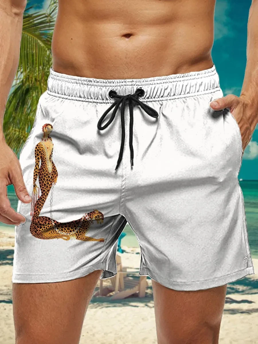 

Мужские пляжные шорты, плавательные шорты, шорты на шнуровке с логотипом леопарда, Быстросохнущий пляжный отдых, гавайский отдых