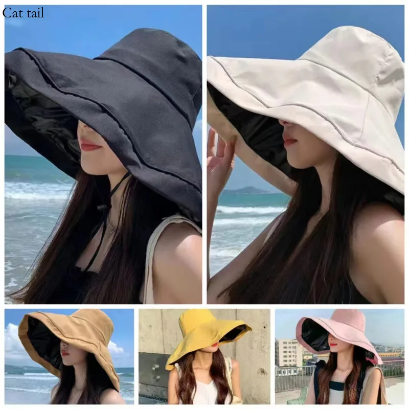 

Women's 2024 New Large Black Anti UV Sunshade Folding Summer Fisherman Hat Versatile Outdoor Protective Sunscreen Beach Hat