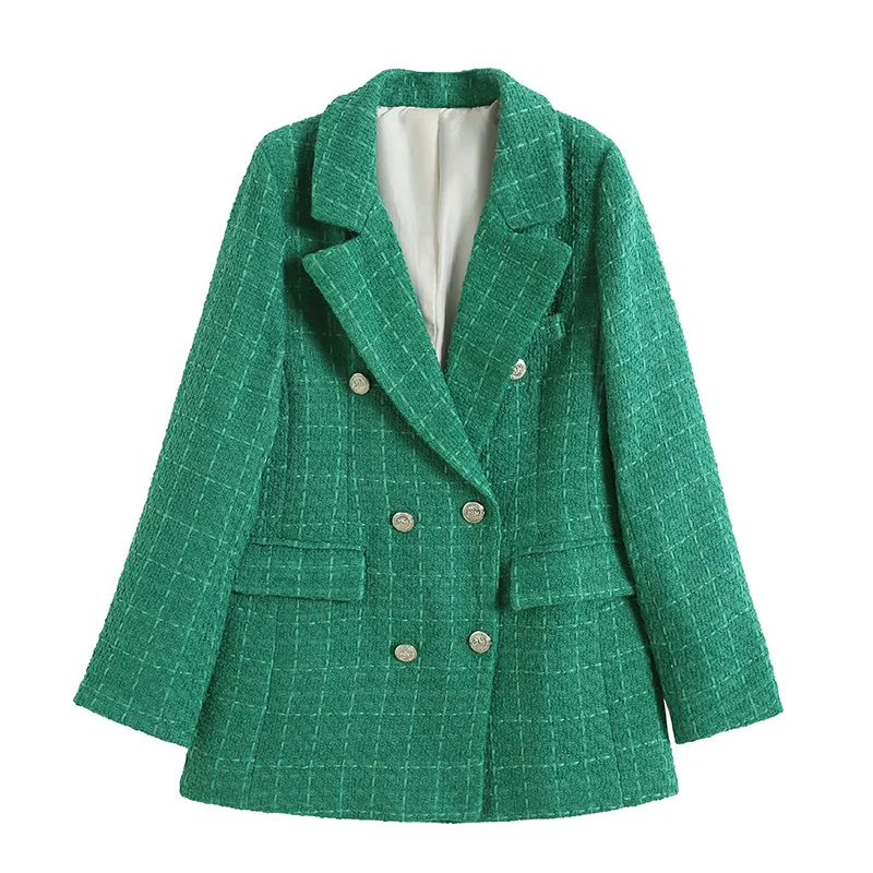 Women Jacket Spring  TRAF Fashion Double Breasted Tweed Blazer Coat Vintage Long Sleeve Female Outerwear Chic Top