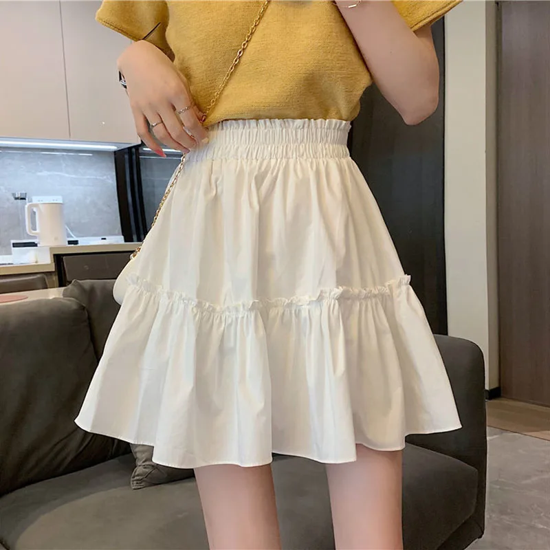 

Summer Ruffles White Mini Skirts Women Summer Preppy Style High Waist A-line Skirt Pleated Student Kawaii Shorts Faldas Mujer