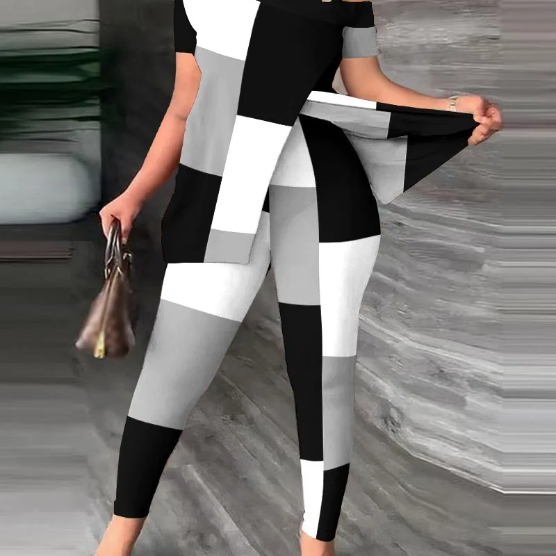 

Summer Women Geometric Print Split Hem Top & Pants Set 2023 Femme Short Sleeve Casual Suits Lady Outfits Y2k Two Piece Set