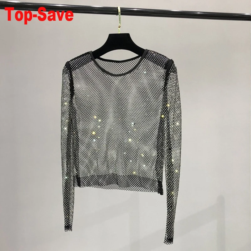 Großhandelspreise Dünnes Sexy AB Farbige Diamanten T-Shirt Netz-Oberbekleidung Strand Sonnenschutz Langarm-Shirt Glitzer Party Crop Tops