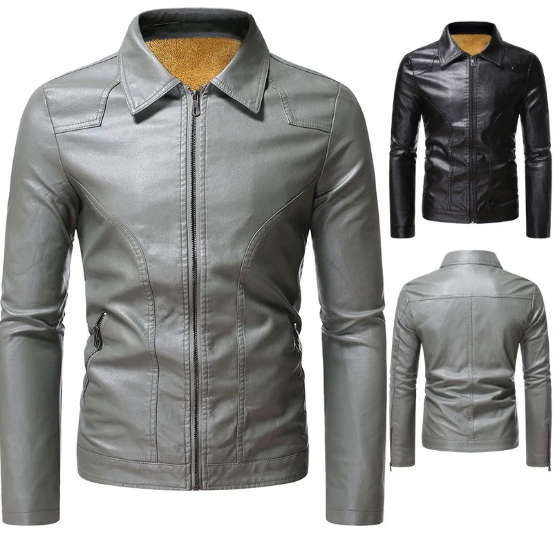 

MaiDangDi Men Business and Leisure Plush and Thick Motorcycle Jacket Lapel Collar European and American Leather Jacket Men's