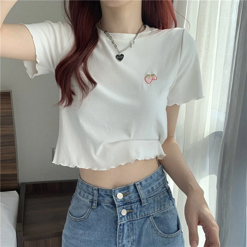 Y2K Strawberry Embroidered Crop Top - Women's Vintage Summer Tee