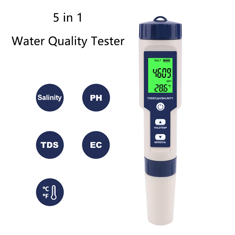 Testeur Qualité Eau Numérique 5-en-1 pH/TDS/EC/Temperature - Pour Piscines,  Eau Potable, Aquariums