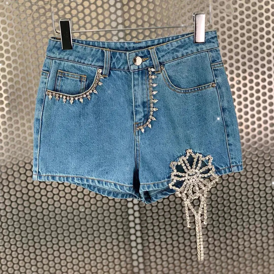 2024 Summer Blue Denim Shorts Retro Younger Personality Stitching Heavy Industry Drill Chain Slimming High Waist Jean Shorts