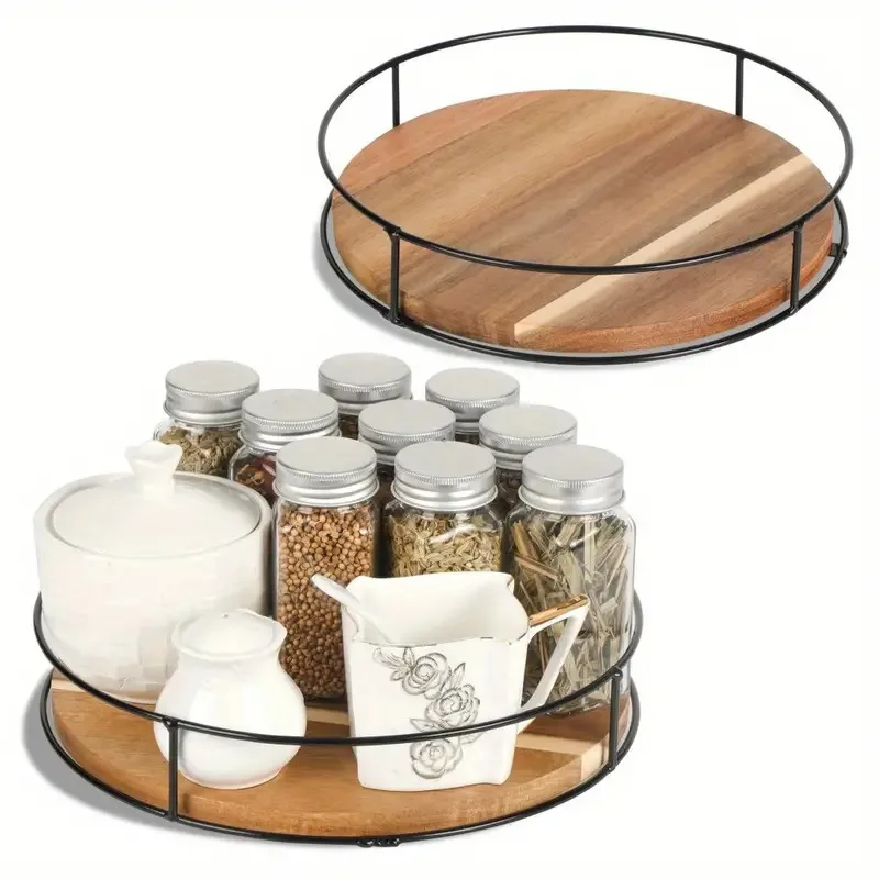 Wooden Storage Rack Rotating Tray Organizer For Cabinet Kitchen Countertop Spice Storage Sundries Organizer Home Supplie