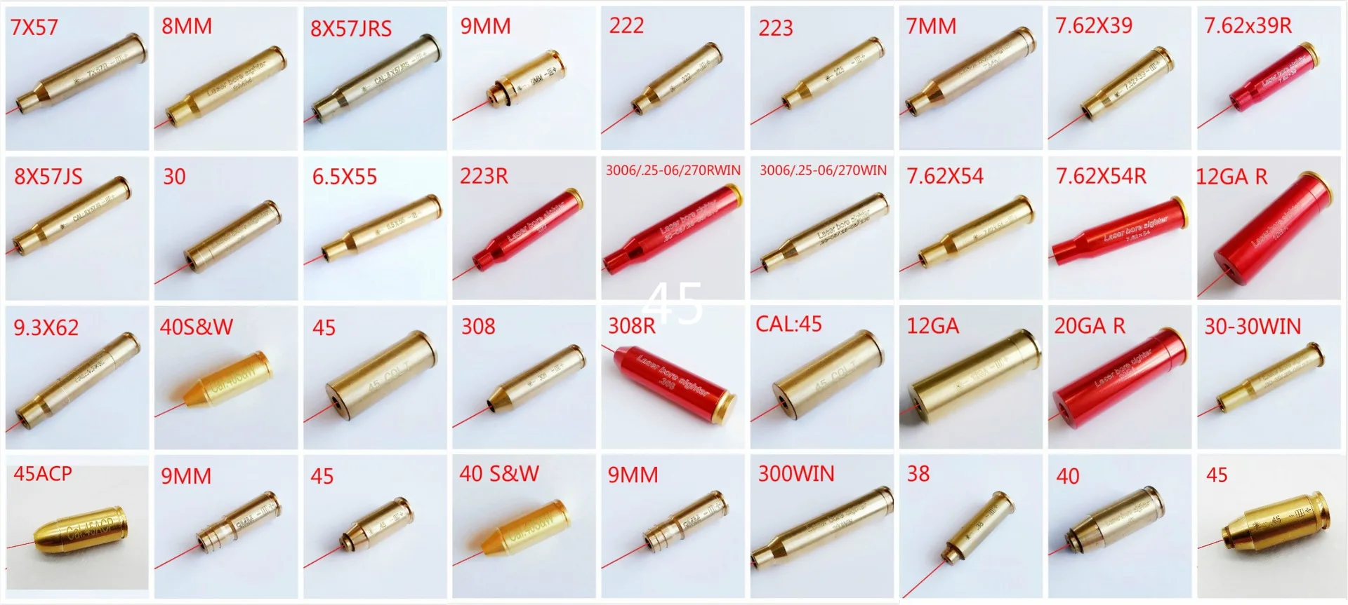 Red Dot Laser Brass Boresight CAL Cartridge Bore Sighter For Scope Hunting Adjustment .223 7.62 9MM .308 .270 Included Batteries