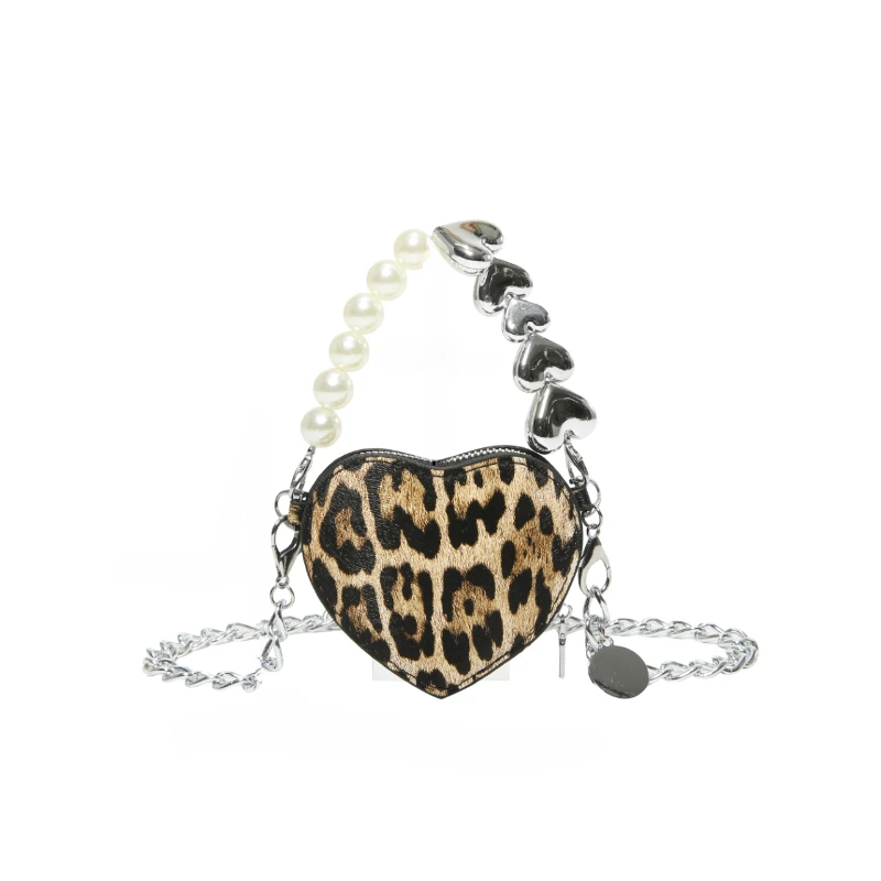 Heart Shaped Leopard PU Shoulder Bags Chains Beading Hot Girl Style Super Cool Crossbody Bags for Women Fashion