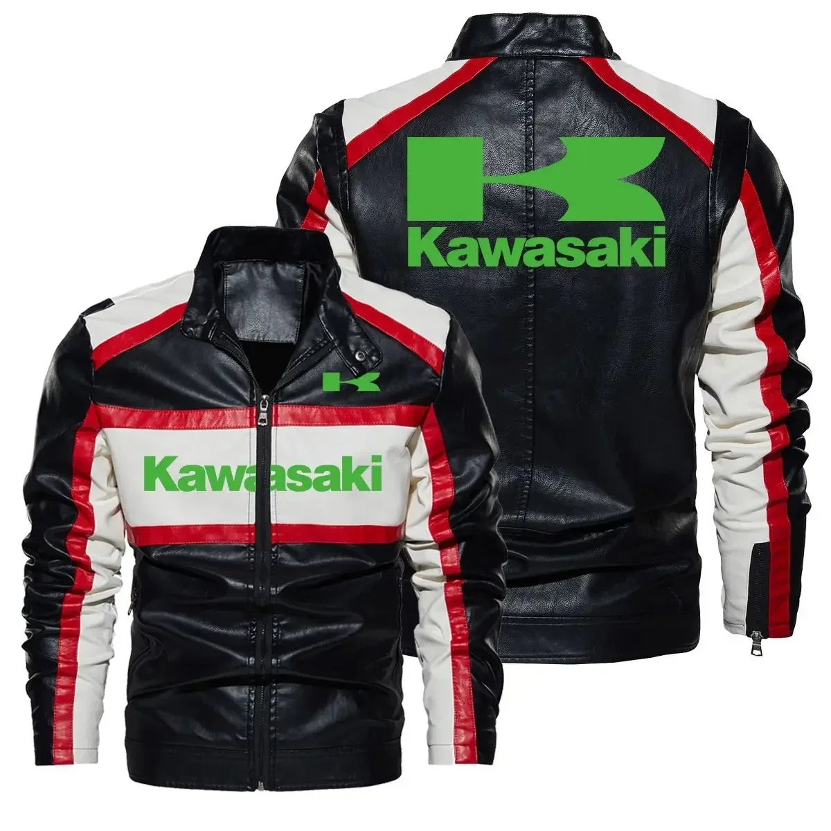 Mens Motorcycle Leather Jacket  Kawasaki Jackets Autumn Winter New Zipper Stand Windproof Leather Coat Mens Clothing 2