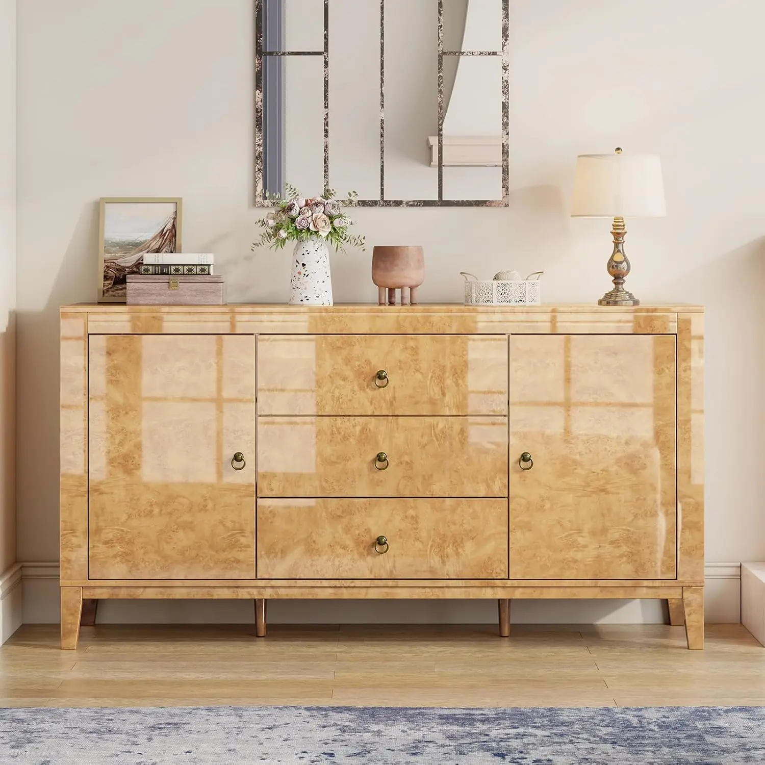 High Gloss Sideboard Buffet Burl Wood 60'' Cabinet Buffet Table with 3 Drawers & 2 Closed Storages, Mid-Century Modern Sideboard 2