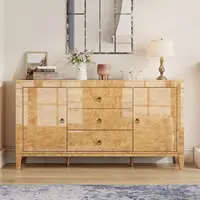 High Gloss Sideboard Buffet Burl Wood 60'' Cabinet Buffet Table with 3 Drawers & 2 Closed Storages, Mid-Century Modern Sideboard 2