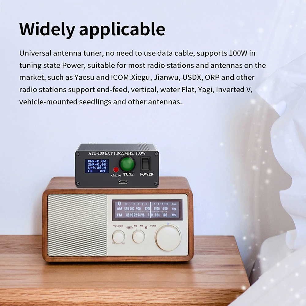 ATU-100Pro 자동 범용 안테나 튜너 120W 1.8-55MHz 0.96인치 OLED 디스플레이(금속 쉘, 충전식 배터리 포함)