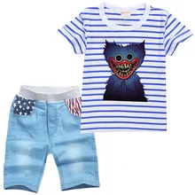 Conjunto de ropa de dibujos animados para niños y niñas, camisetas de manga corta a rayas y pantalones cortos Vaqueros, 2 piezas, informal