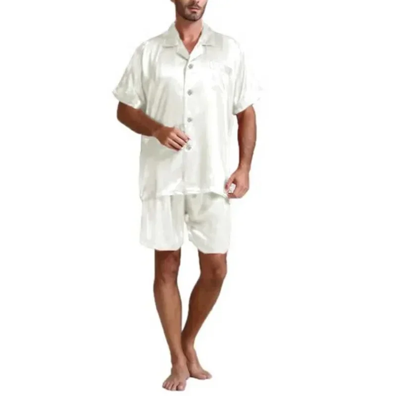 Men‘s Pajamas Summer Lced Silk Solid Color Homewear Set Short Sleeve Shirt Shorts Pajamas 2-piece Set Black White Red S-3XL