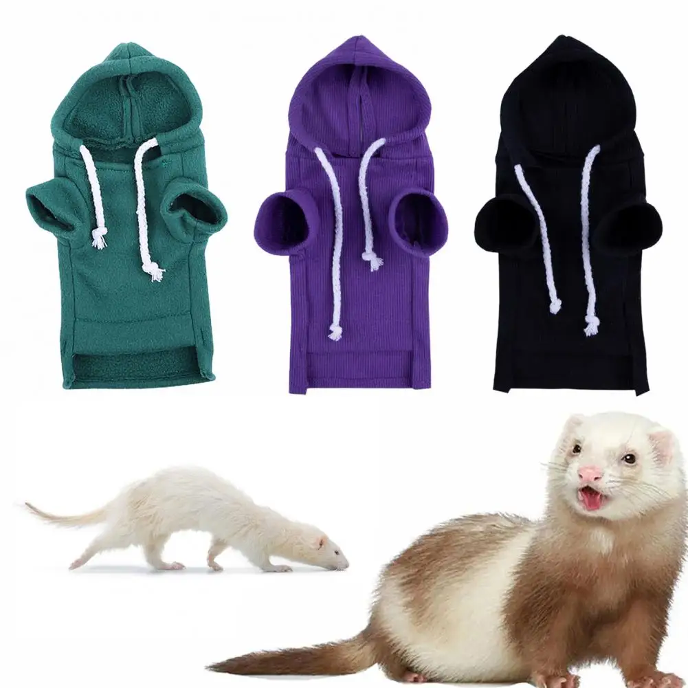 Pet Slippers and Costumes Cute Ferret Hoodie Solid Color Drawstring Hooded Sweatshirt Thick Fleece Foreleg Elastic Hamster Guinea Clothes