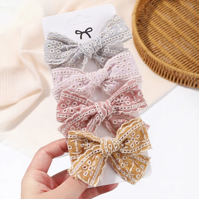 4Pcs/Set Cotton Solid Color Bows Hair Clip For Kids Girls Hollow Lace Bowknot Barrettes Hair Pins Baby Headwear Hair Accessories 3