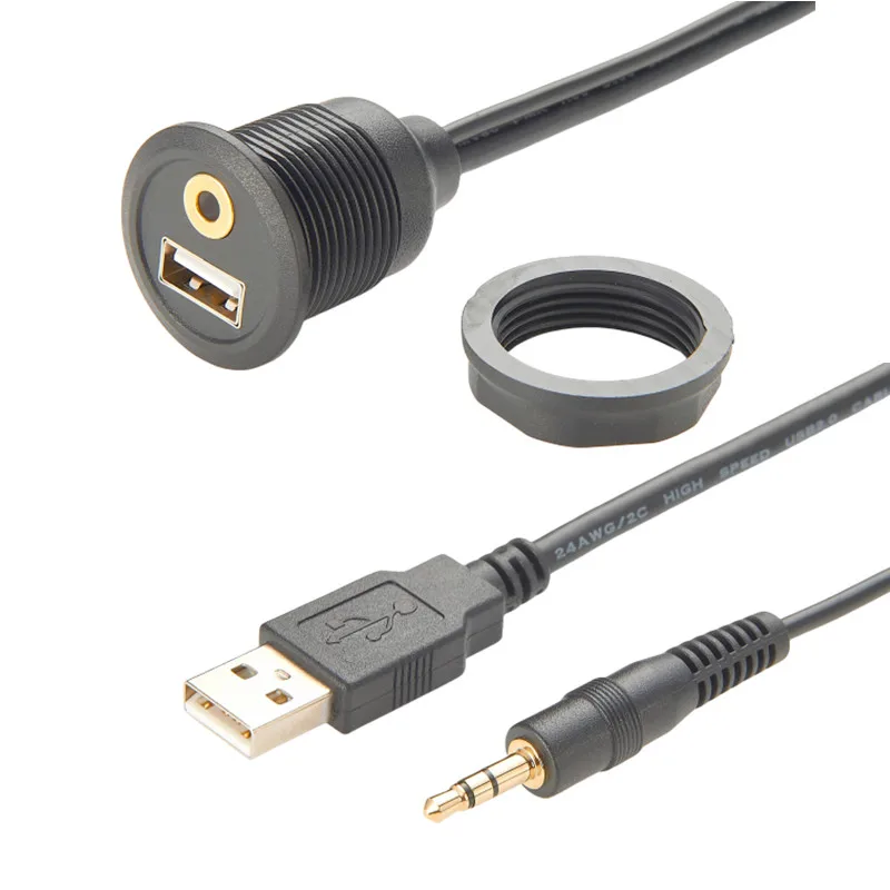 USB- und 3,5-mm-Stecker auf USB- und 3,5-mm-Buchse, Unterputz-Panel-Mount-Verlängerungs-AUX-Kabel, rundes Panel-Mount-3.5-mm- und USB 2.0-Klinkenkabel