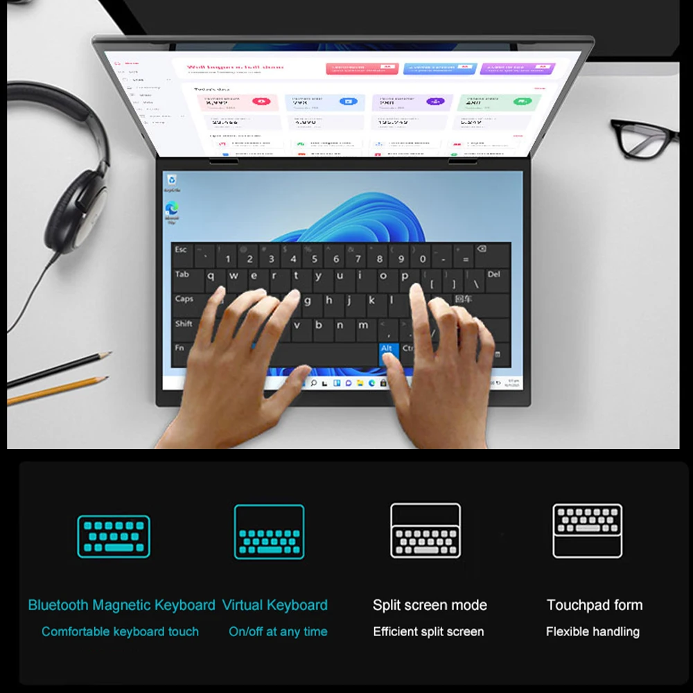 CRELANDER Mini Laptops 14 Inch 2240*1440 Double Touch Screen Intel Processor Foldable Tablet PC Windows11 Dual Screen Laptop 2
