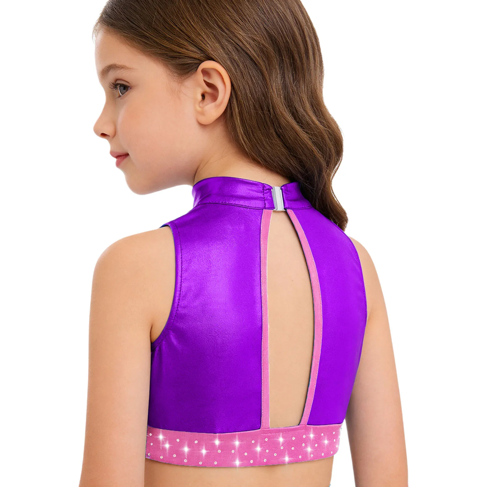 Kinder Mädchen Gymnastik Tanz Tops Praxis Performance Kostüm Stehkragen Ärmellos Ausschnitt Glänzende Strasssteine Metallic Crop Top – Detail 8